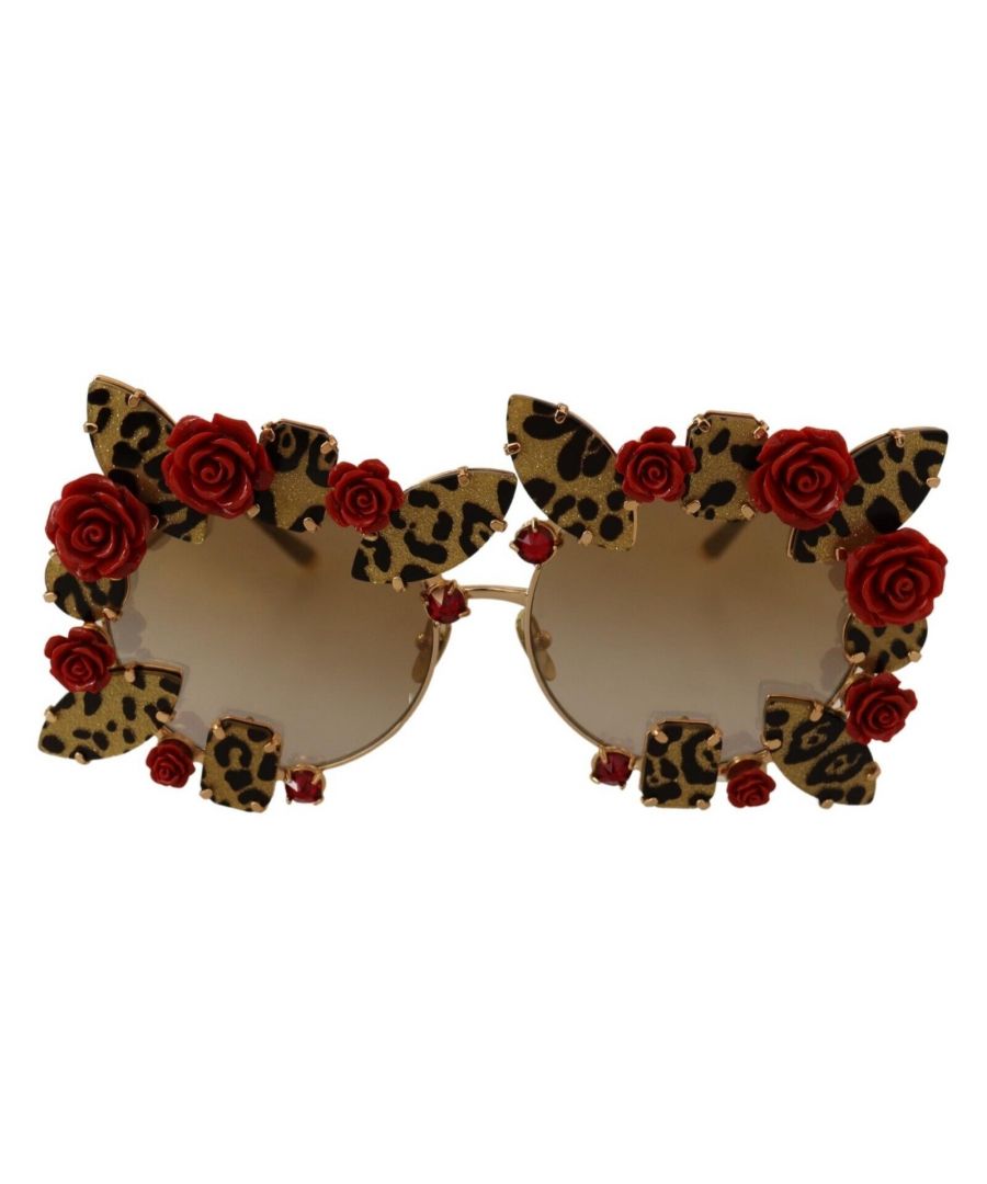 DOLCE & GABBANA\nGorgeous brand new, 100% Authentic DG2207B sunglasses. The front with a round metal shape is embellished with roses.\nModel: DG2207B\nColour: Gold\nGender: Women\nMaterial: 100% Metal\nLenses: Brown, 100% UV protection\nMade in Italy
