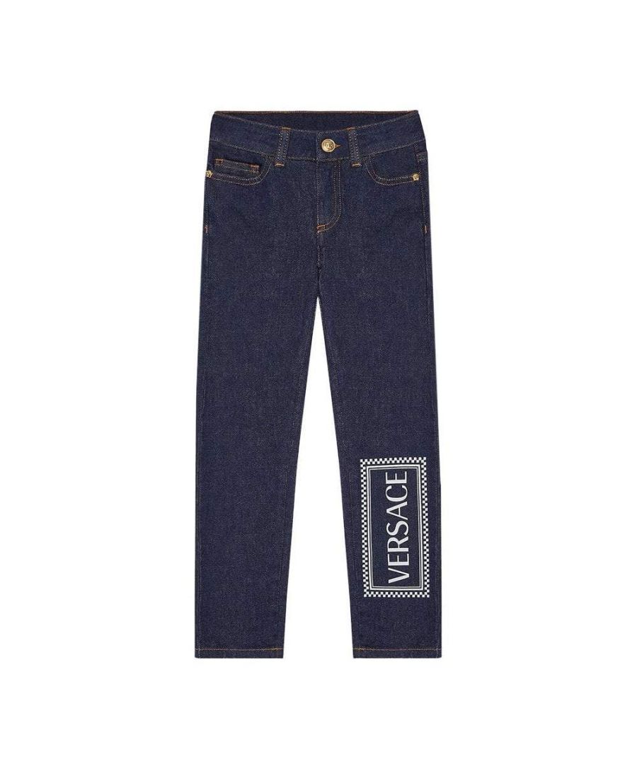 Comfortable and versatile, these stretch denim jeans are fit for an array of activities. The casual style is embellished with a printed Versace 90s Vintage logo.