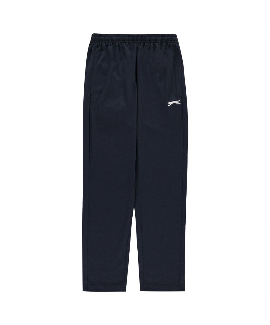 Slazenger Junior Jersey Sweatpants - Let your youngster kick back and relax in comfort and style in these Slazenger Junior Jersey Sweatpants, crafted with an elasticated waist with internal drawstring, two side slide pockets, fade out striped down each leg for an extra sporty touch and Slazenger branding to complete the recognisable look.  > This product may have slight cosmetic differences from the image shown due to assorted colours or updated seasonal collections > Junior sweatpants > Elasticated waist > Internal drawstring > Accent colouring > Puma branding > 65% Polyester, 35% Cotton > Machine washable > Keep away from fire