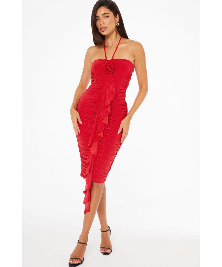 Quiz Womens Red Flower Corsage Ruffle Midi Dress - Size 12 UK