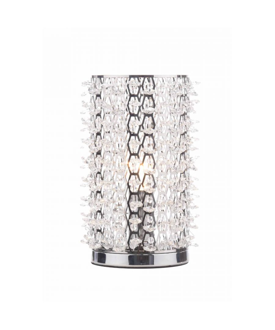 Gorgeous polished chrome table lamp boasting clear crystal glass detailing\nHeight: 23cm  \nDiameter: 15cm  \nMaximum Wattage: 40w  \nLight Bulb: 1 x E27 Light Bulb (Not Included) \n\nUpdate your interiors with the stylish Lisette Table Lamp, a small yet glamorous crystal table lamp, exclusive to Pagazzi. Boasting a polished chrome frame, this table lamp is fully embellished in glass crystals which protrude from the geometric cut frame, which shine beautifully when lit. Perfect for that finishing touch in bedrooms, living rooms and hallway.