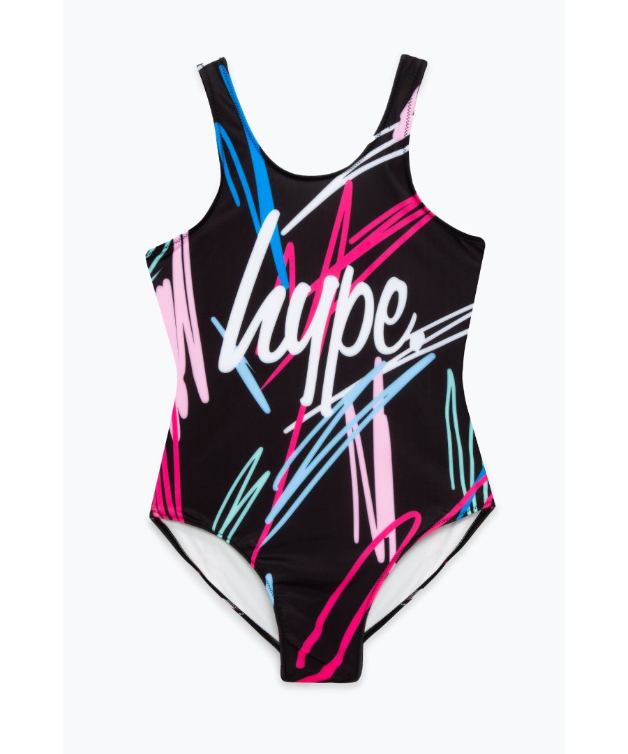 Swim is in. Meet the HYPE. Girls Multi Scribble Black Swimsuit, the ultimate girls swimsuit you'll want to wear everyday of summer, autumn, winter and spring. Designed in our standard black kids swimsuit shape, boasting an all over scribble print in a multi colour palette and the iconic HYPE. script logo in contrasting white. Wear with HYPE. sliders, swimming goggles and a beach towel in hand. Machine wash at 30 degrees.