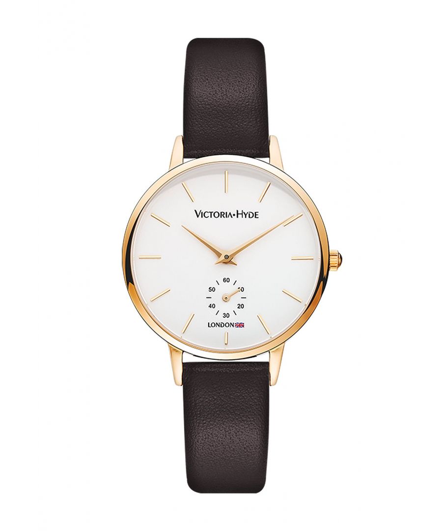 This wristwatch in the classic design of Victoria Hyde London is not only noble and timeless, but also easy to combine with any outfit. With its matte white dial, the gold case and the silver watch strap, this watch in the trendy bicolor look is the perfect companion for both day and evening. A special highlight is the second movement on the dial, which makes the watch a very special eye-catcher. And the best thing is: if the silver watch strap doesn't match your outfit, it can easily be replaced by another 14mm strap - for an especially individual look. Case diameter: 34mm, Case thickness: 8mm, Watch strap length: 190mm, Watch strap width: 14mm