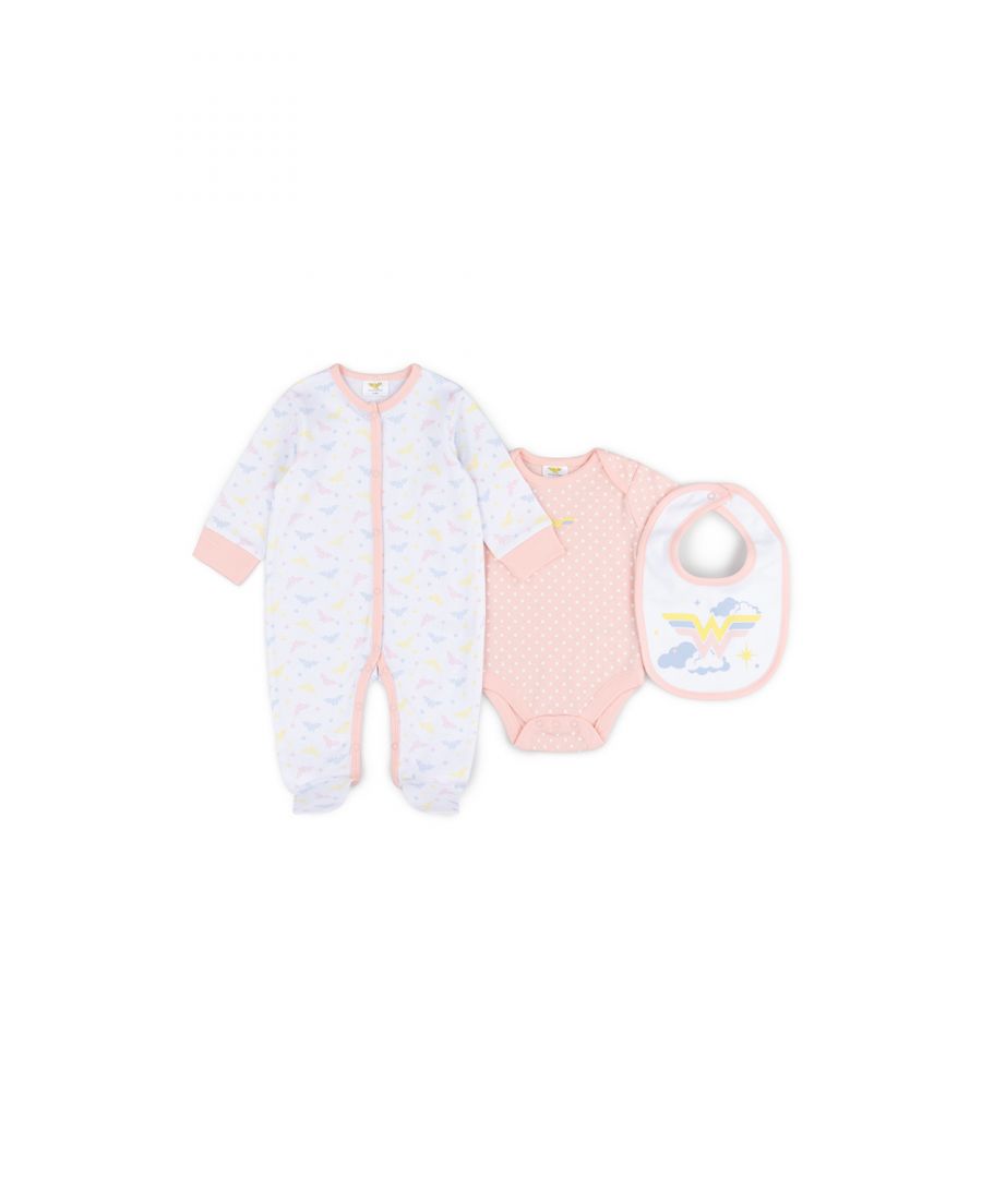 This adorable Wonder Woman three-piece set features a pastel-themed print of the Wonder Woman logo. The set includes a button-up, footed sleepsuit with the Wonder Woman logo and star print, bodysuit with a star print, and a matching bib with the Wonder Woman logo printed alongside some clouds and stars. Each item in the set is cotton with popper fastenings, keeping your little one comfortable. This sweet three-piece set is the perfect gift for the little one in your life.