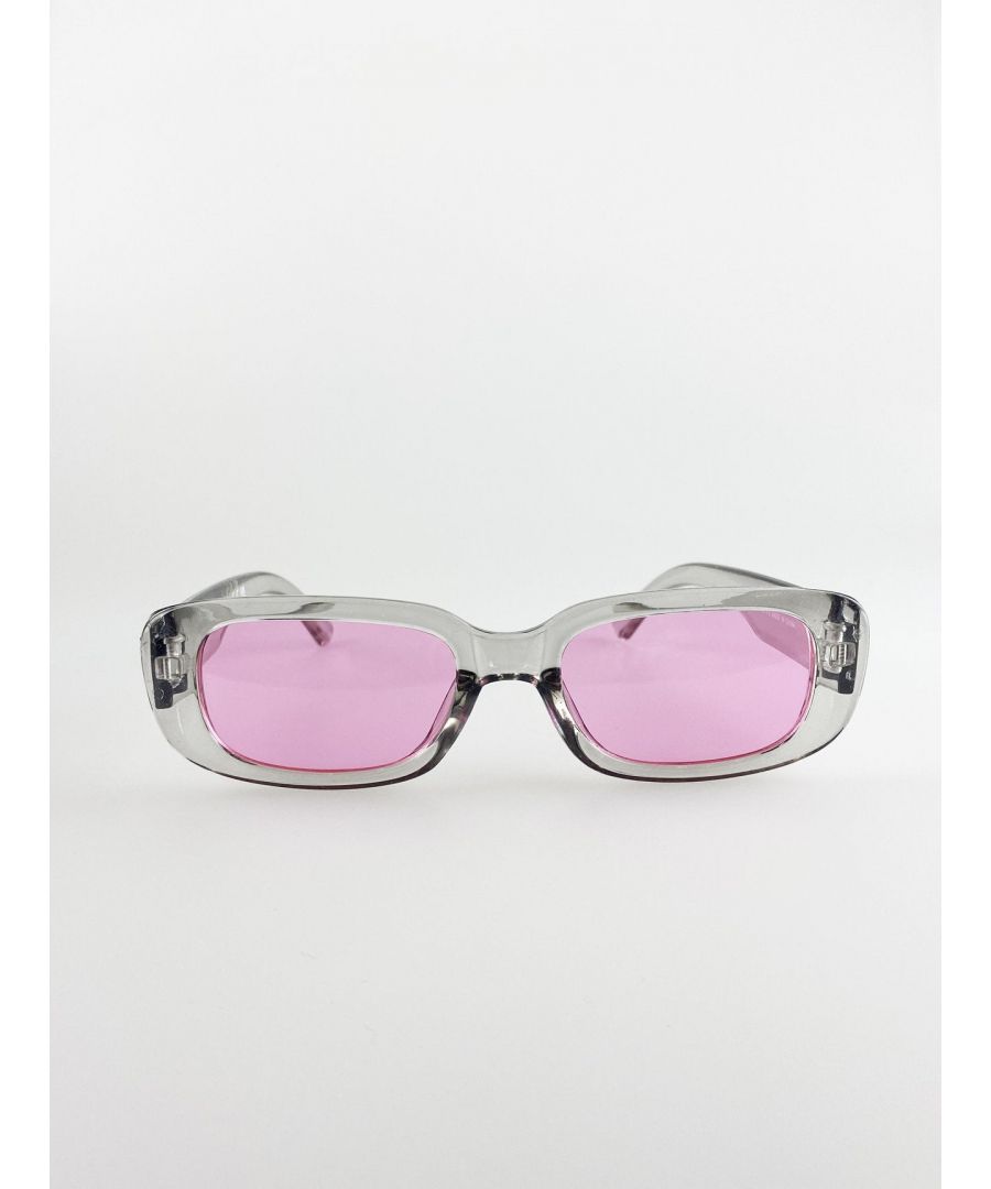 Retro rectangle sunglasses with pink lenses and light gray frame\n\n\n\nFrame Colour: Light Gray\n\n\n\nLens Colour: Pink\n\n\n\nFrame Material: Plastic\n\n\n\nUV 400 PROTECTION IN ACCORDANCE WITH 89/686/EEC BS EN ISO 123-1:2013\n\n\nSKU: SG7045011