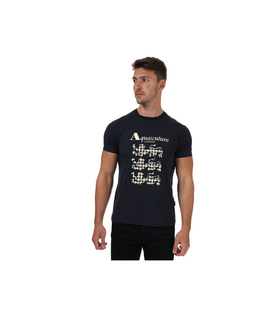Mens Aquascutum T- Shirt in navy.- Crew neck.- Short sleeves.- Aquascutum logo.- Stretch fit.- Regular fit.- 95% Cotton  5% Elastane. Machine washable.- Ref: TSIA2185