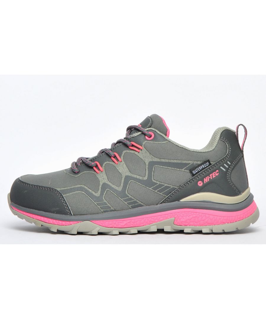 These Stinger womens hiking shoes from Hi-Tec are designed with a soft shell upper with a waterproof construction utilising a fully waterproof membrane which is guaranteed to keep your feet dry. A lightweight midsole leaves an abundance of comfort and protection, whilst the versatile outsole is manufactured with durable rubber, suitable for use on a wide range of surfaces and guaranteed to deliver fatigue free wear all day long.\n The Stinger is a waterproof walking shoe designed for comfort, whilst still giving you the performance you need on the trail.\n - Soft shell upper for extreme comfort\n - Dri-Tec waterproof and breathable membrane\n - Lightweight compression moulded EVA midsole provides underfoot cushioning\n - Durable carbon rubber outsole offers great traction\n - Heel loop for easy on / off wear\n - Padded heel and ankle collar\n - Lace up construction \n - Hi Tec branding