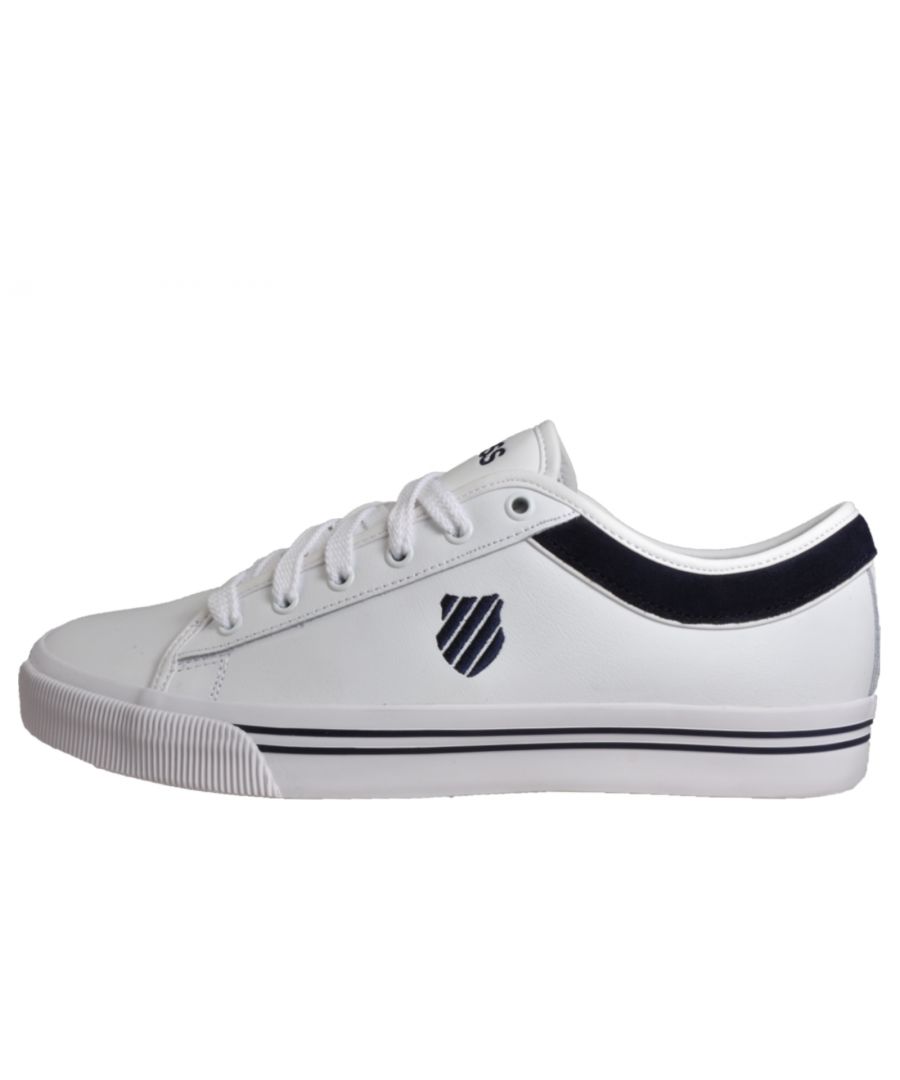 Boasting a heritage silhouette crafted from premium leather, K Swiss have created the Bridgeport II, a simple and sleek front lace-up mens retro plimsoll thats perfect for all occasions. With a solid vulcanised rubber midsole and soft leather upper and a suede collar outer trim, this mens trainer will mould to the shape of your foot to keep you comfortable everyday whether youre on court or wearing casually. -Premium leather upper -Comfortable textile collar inner lining -Vulcanised rubber midsole -Moulded rubber outsole -K Swiss branding throughout