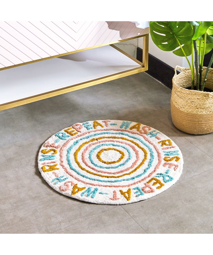 Make sure you 'Wash, Rinse and Repeat' with this unique cotton slogan bath mat. With its colourful trims against the natural base, this design is wonderfully soft underfoot, quick-drying and has an anti-slip quality, keeping it in place on your bathroom floor.