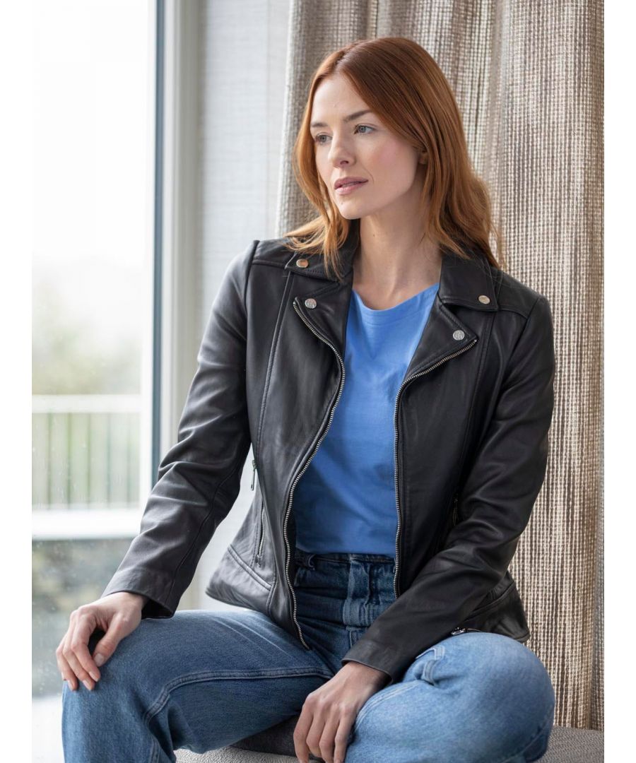 We've created a stunning contemporary style jacket to update your biker aesthetic. Lovingly crafted from UK sourced aniline leather the Newby biker jacket is soft, supple and hard-wearing. With a luxe feel and premium image it features a centre zip fastening, zip fastening pockets, a classic lapel collar with and Lakeland embellished hardware. With silver-tone detailing this jacket is designed with a feminine fit that serves to enhance your silhouette and natural curves; fitting like a glove.