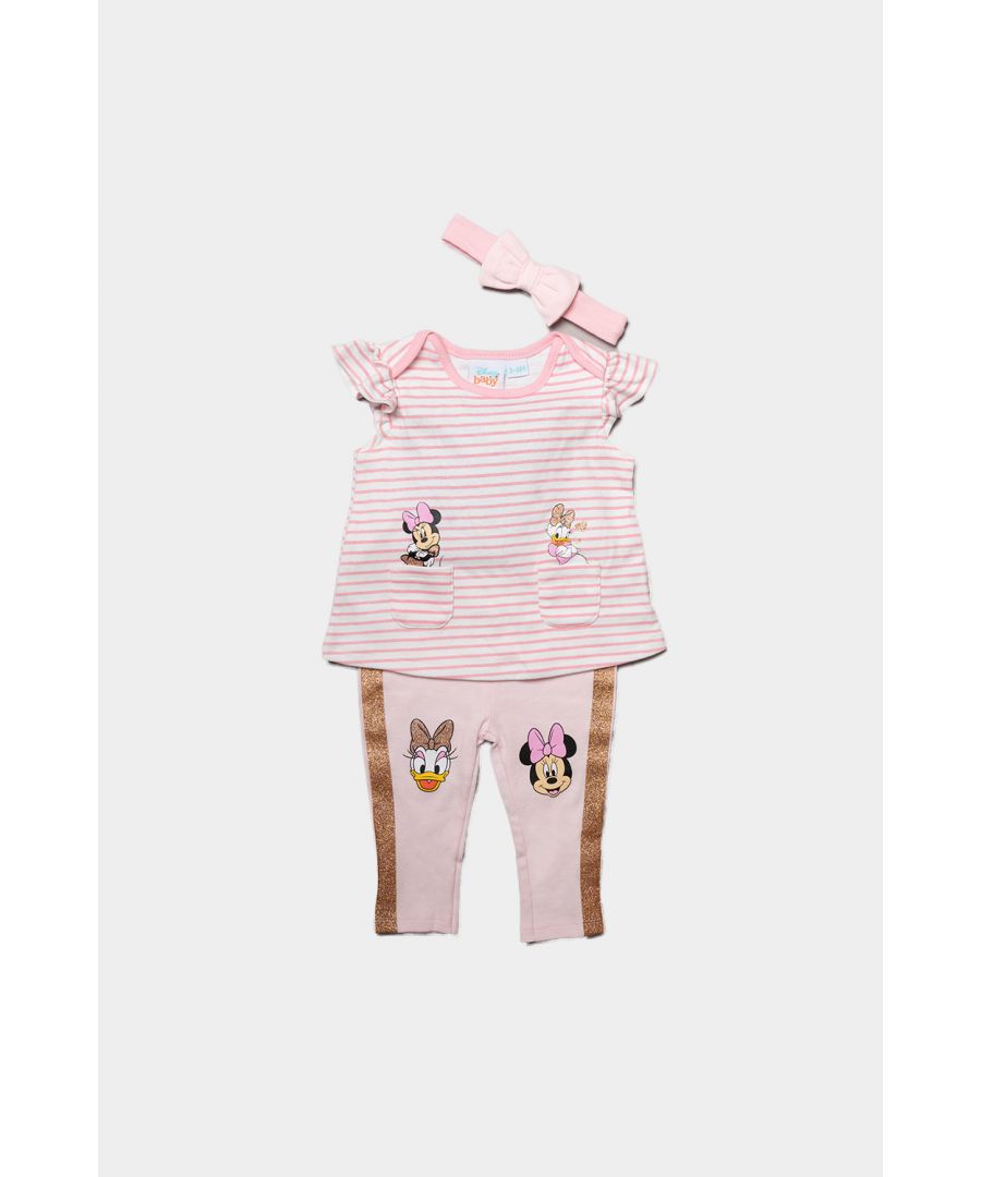 This Disney Baby Minnie Mouse set is the perfect for the little one in your life, this three-piece set features a Minnie Mouse and Daisy Duck print and details. It includes a tunic top, leggings, and an adorable matching headband. This matching set makes outfit planning easy and would be an adorable gift too!