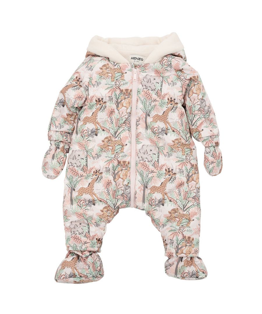 This Kenzo Baby Girls Animal Print Snowsuit in Pink has a padded design and features a classic hood, removable foot and hand closures, long sleeves and has an animal print all over\n \n\npadded design\nall-over graphic print\nanimal print\nclassic hood\nfront zip fastening\nlong sleeves\nelasticated ankles