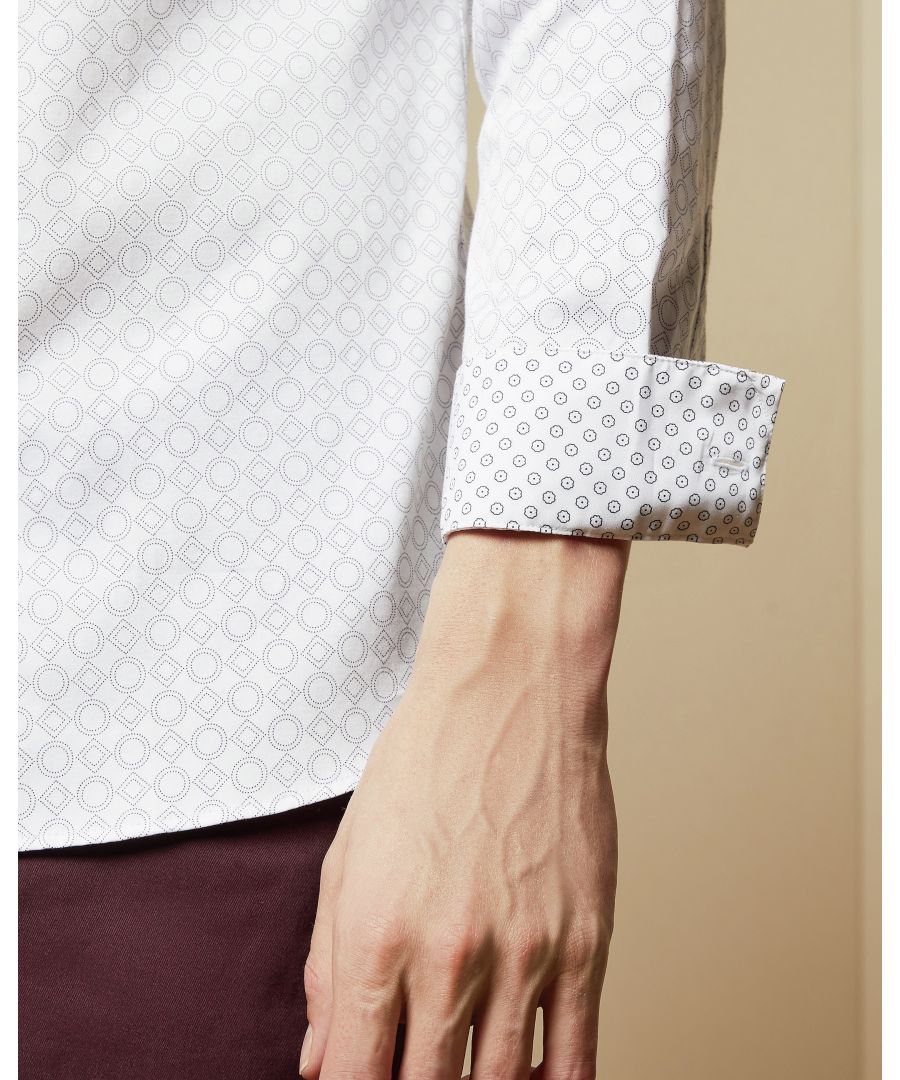 Mens Ted Baker Whonos Geo Print Shirt in white.- Buttoned collar and cuffs.- Long-sleeved.- Full button placket with Ted Baker branding.- Geometric all-over design.- Slim fit.- 100% Cotton. Machine wash at 30 degrees.- Ref: 230485WHITE