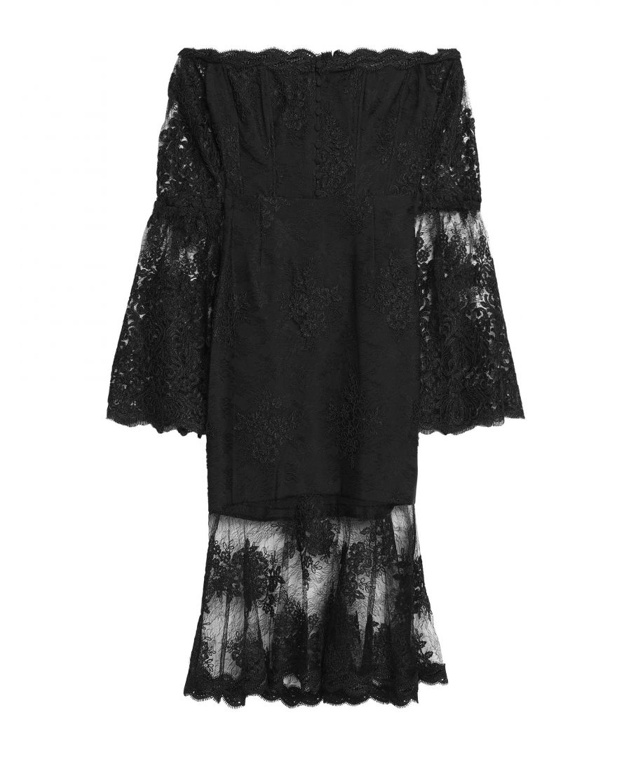 lace, tulle, embroidered detailing, solid colour, deep neckline, long sleeves, no pockets, rear closure, hook-and-bar, zip, fully lined, dress