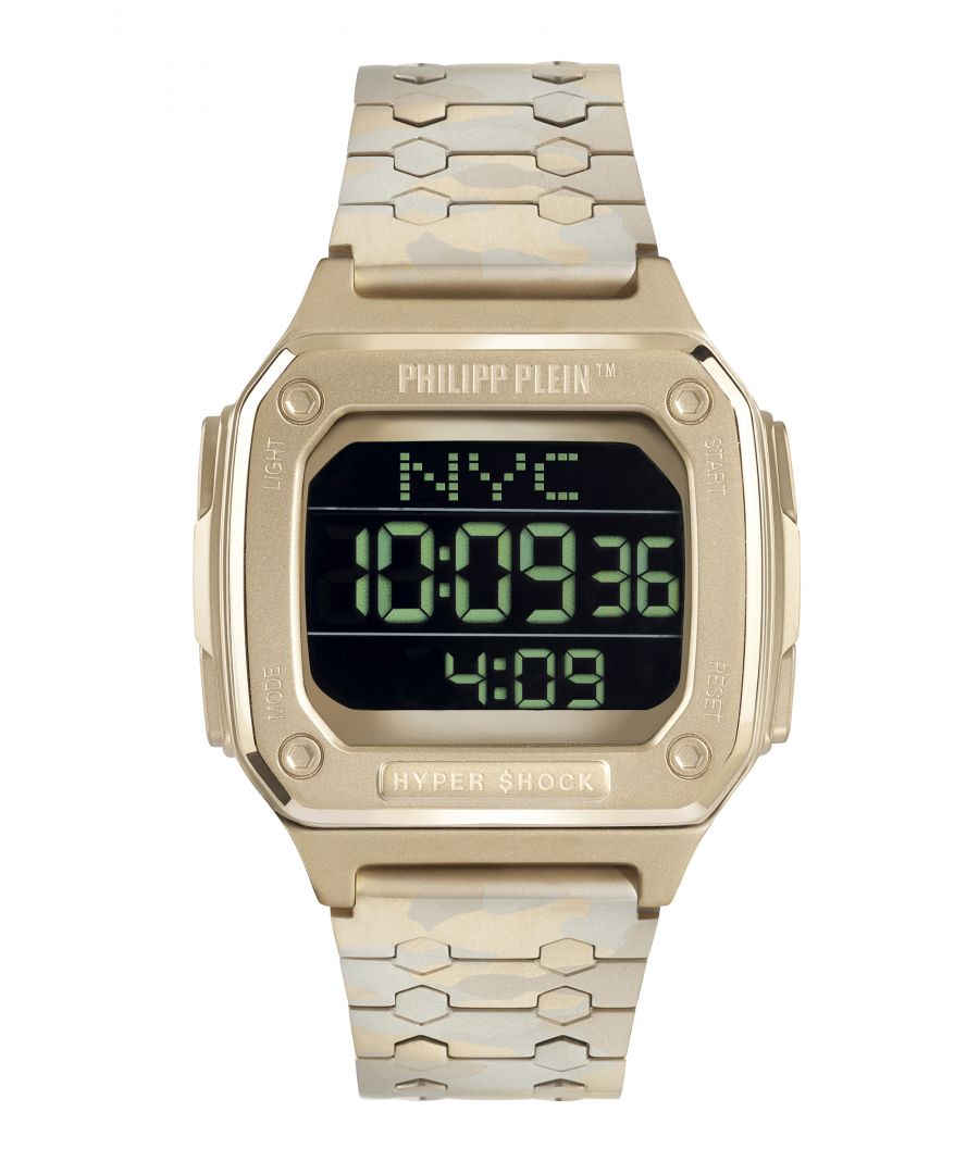 This Philipp Plein Hyper $hock Digital Watch for Men is the perfect timepiece to wear or to gift. It's Gold  Rectangular case combined with the comfortable Gold Stainless steel watch band will ensure you enjoy this stunning timepiece without any compromise. Operated by a high quality Quartz movement and water resistant to 5 bars, your watch will keep ticking. This casual and modern watch is perfect for all kind of casual activities, indoor activities or daily use, it's also a great gift for family and friend.  -The watch has a calendar function: Day-Date, Stop Watch, Timer, Alarm, Light High quality 21 cm length and 22 mm width Gold Stainless steel strap with a Fold over with push button clasp Case Measurement: 40x44 mm,case thickness: 12 mm, case colour: Gold and dial colour: Black