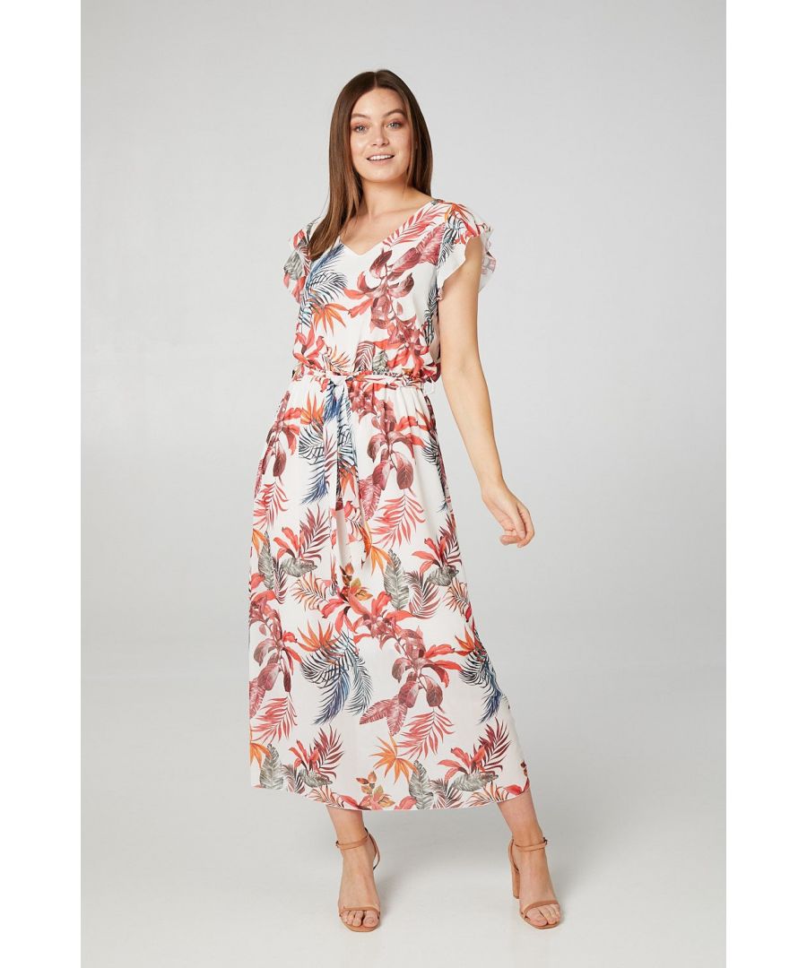 Add a vibrant print to your new season wardrobe with this floral printed maxi dress. It has a rope belt, cap sleeves and a v-neck. Wear with tan wedges to steal the show.