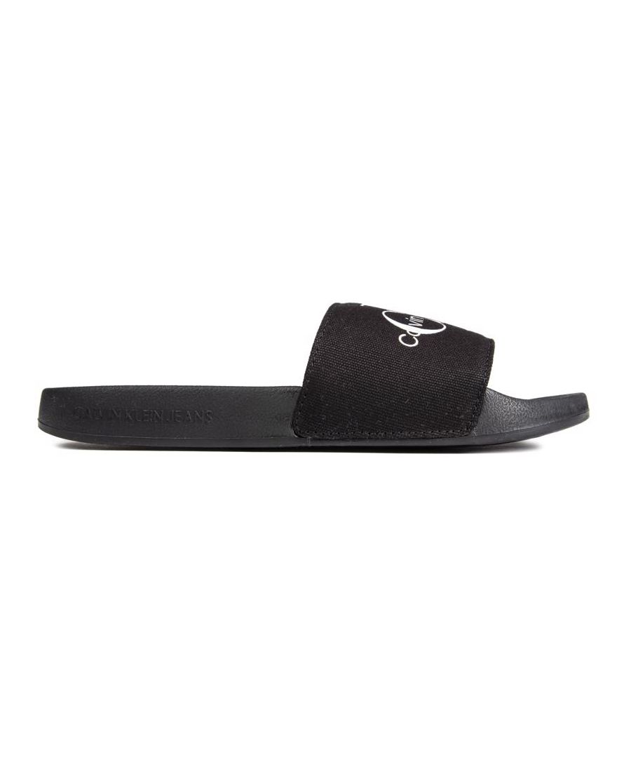 Womens black Calvin Klein Jeans slide sandals, manufactured with pu and a rubber sole. Featuring: comfy sole and large logo details.