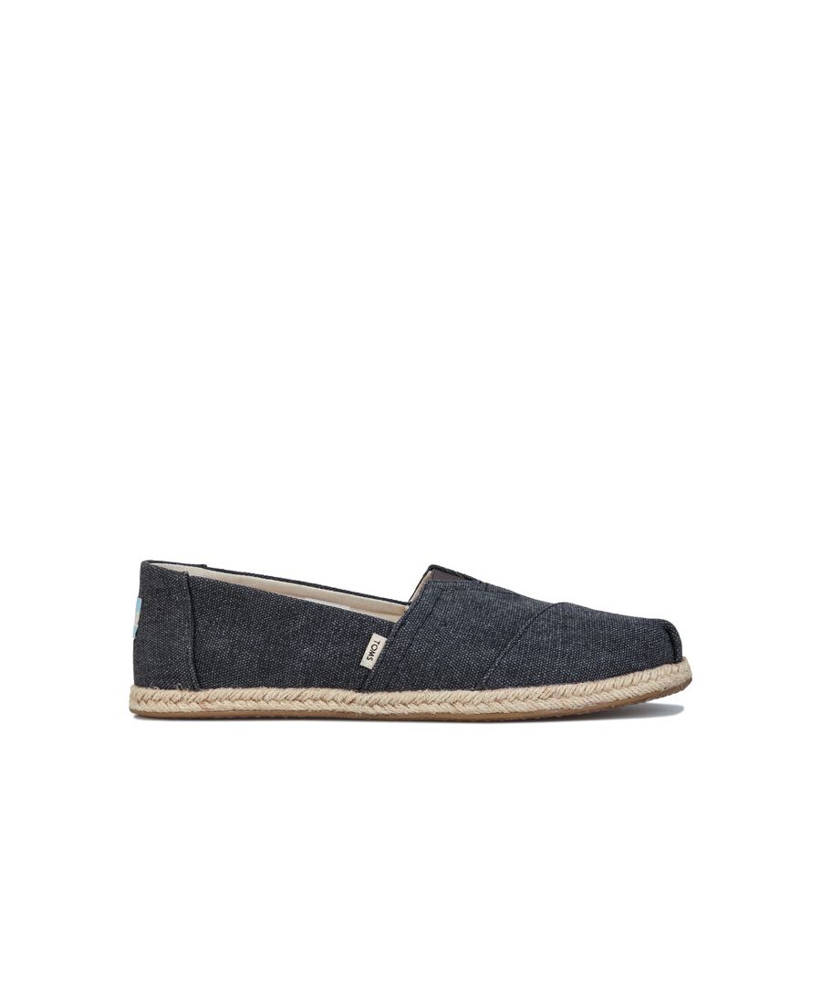 Womens Toms Washed Canvas Espadrille Pumps in black.<BR><BR>- Washed canvas upper.<BR>- Casual slip-on shoe.<BR>- Natural jute-wrapped midsole.<BR>- Toe-stitch and elastic V for easy on and off.<BR>- Comfortable textile lining.<BR>- Removable moulded insole for cushioned comfort.<BR>- Elastic gore for easy on-and-off.<BR>- Toms branding to side and back of heel.<BR>- Rubber outsole.<BR>- Textile Upper  Textile and Leather Lining  Textile and Synthetic Sole.<BR>- Ref.: 10009751