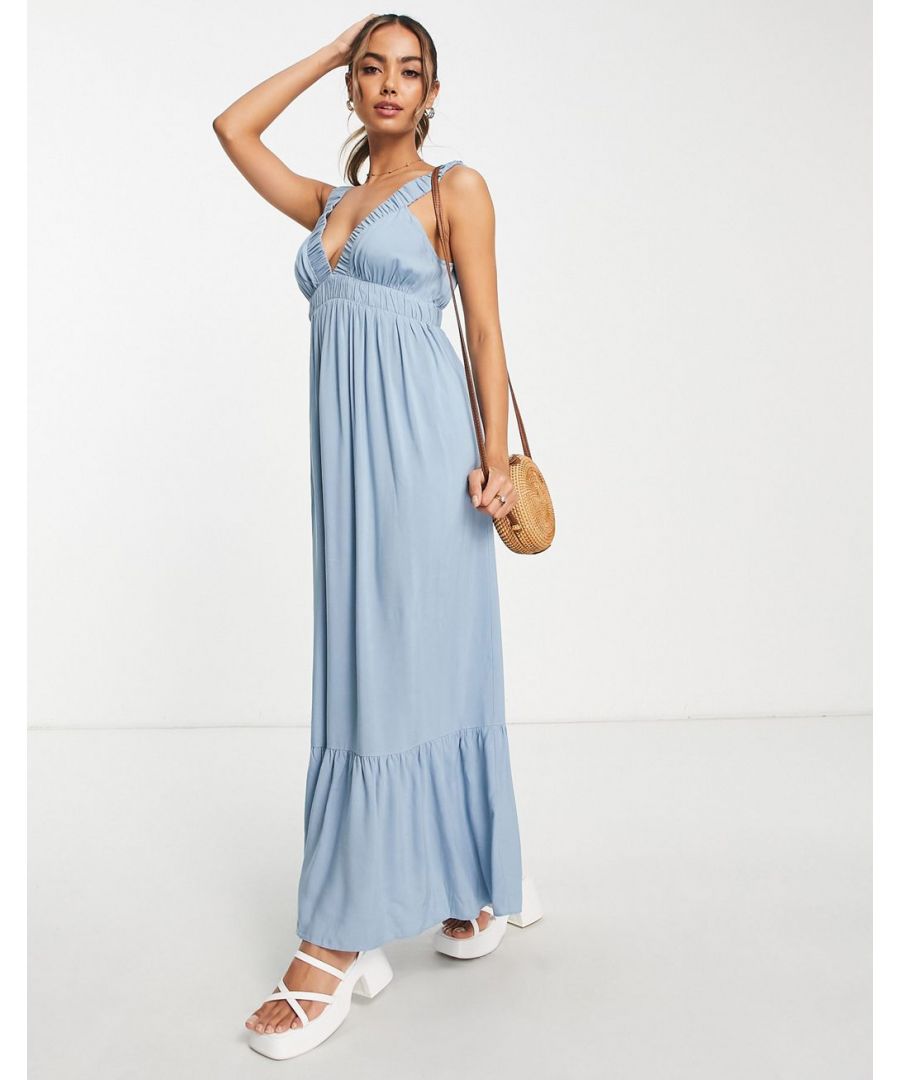 Maxi dress by ASOS DESIGN Love at first scroll Plunge neck Sleeveless style Elasticated V-back Regular fit Sold by Asos
