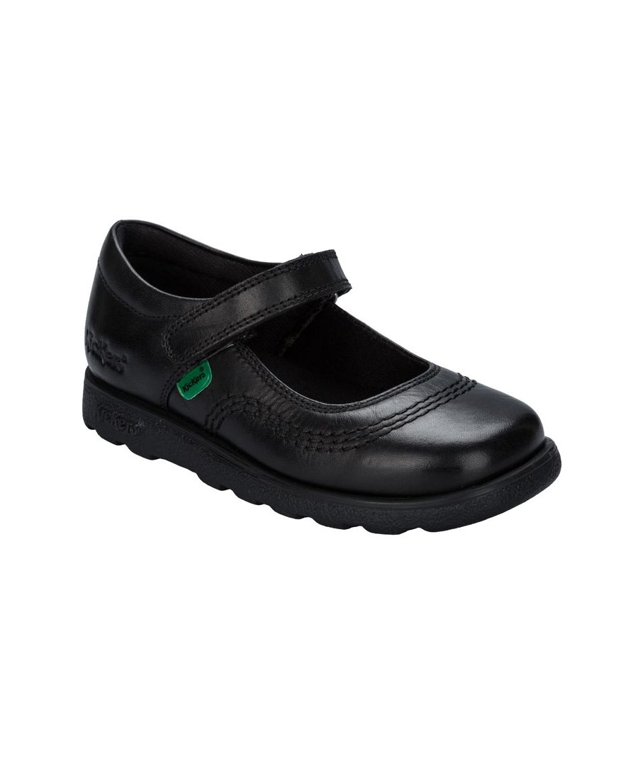 Infant Girls Kickers Fragma Pop Shoe in Black-Hook and loop fastening-Open tongue-Padded collar-Cushioned sole-Branded tab to side-Branding to heel and tab-Leather Upper  Textile Lining  Synthetic Sole-Ref: 114850