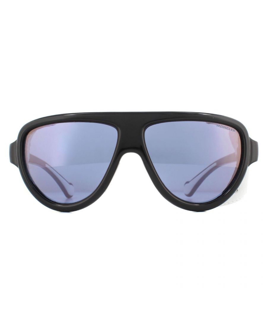 Moncler Aviator Unisex Black with White Leather Blue Violet Mirror Sunglasses - One Size