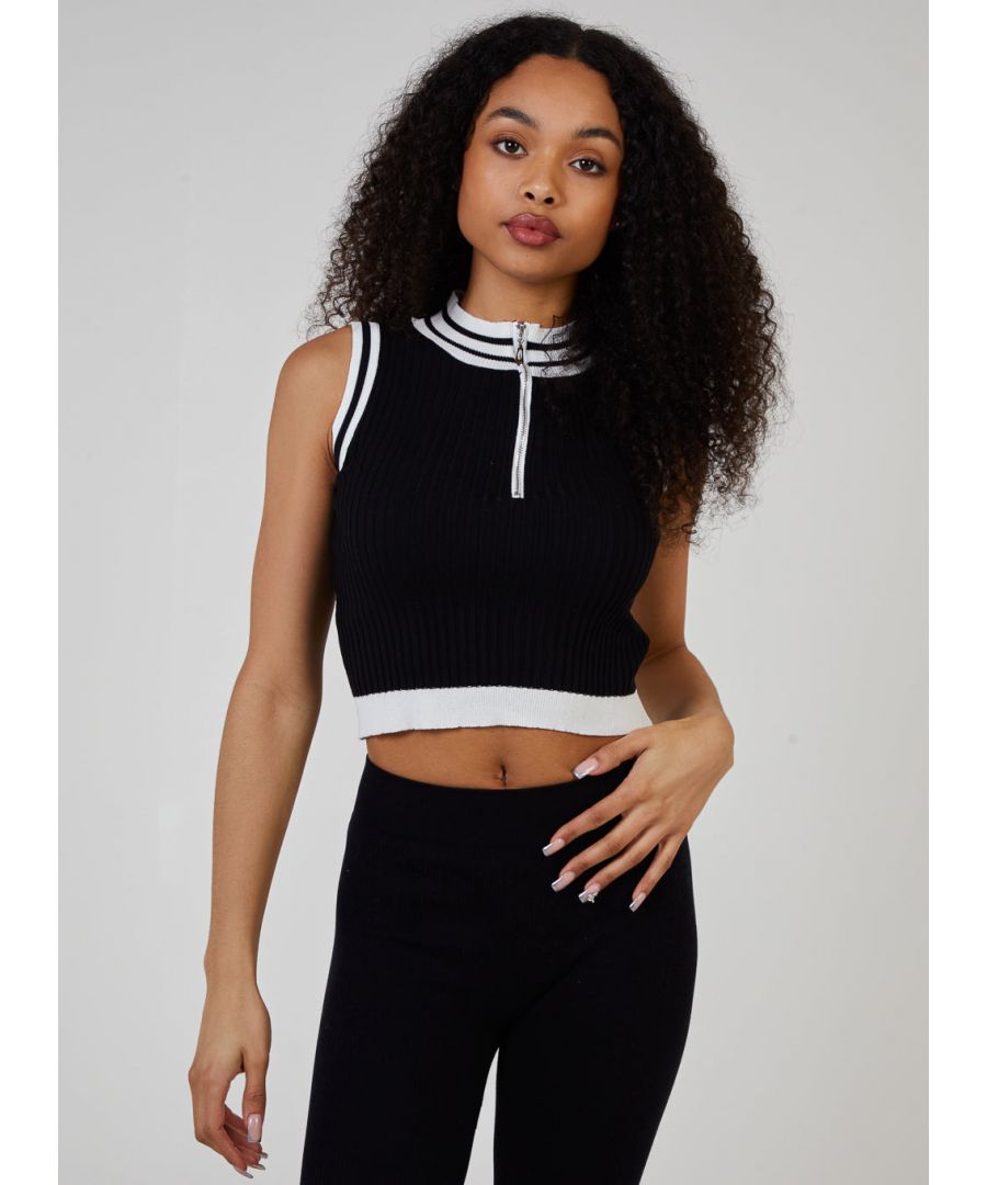 Pink Vanilla Womens Half Zip Striped High Neck Sleeveless Crop Top - Black - Size Large