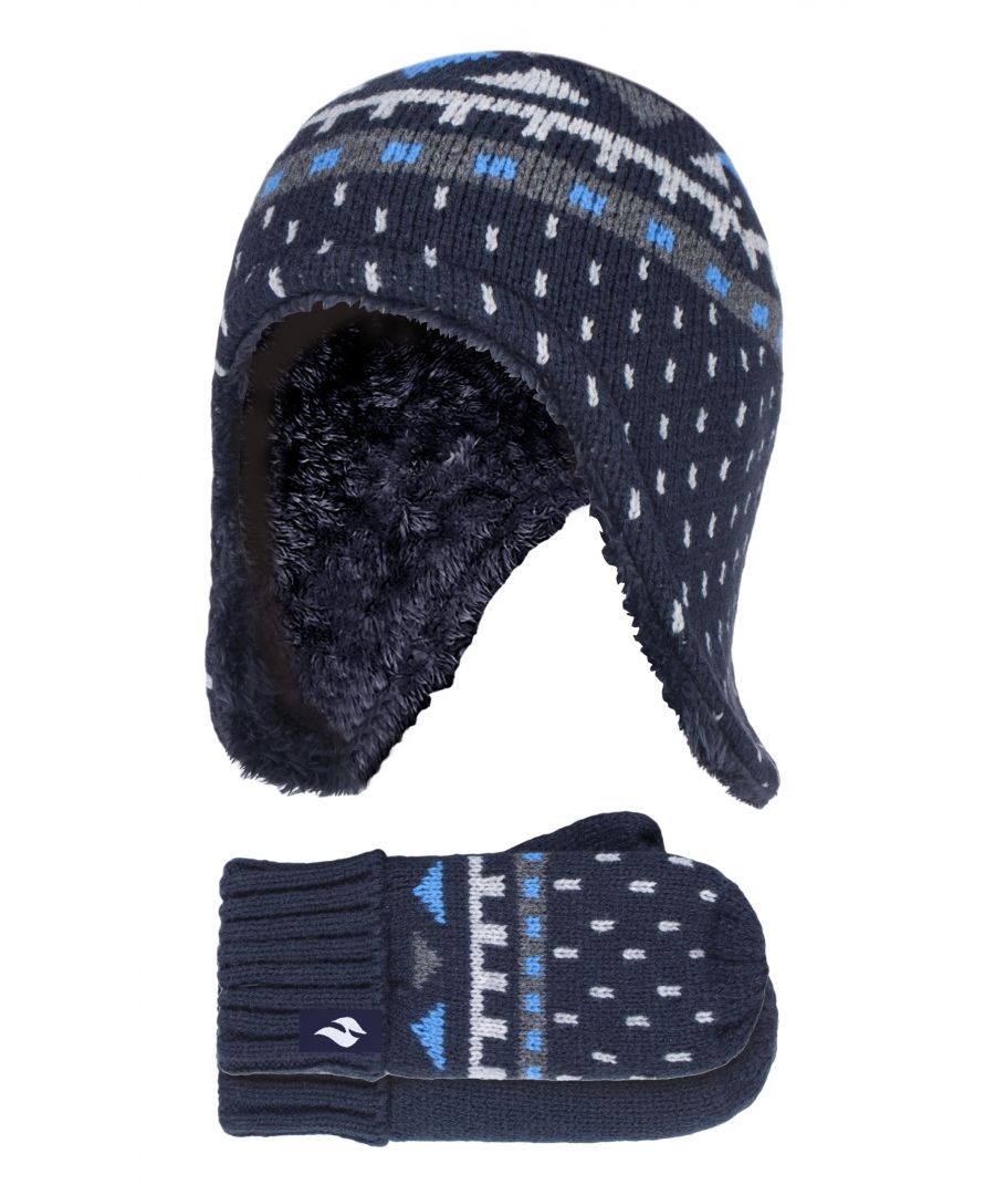  - Boys Outdoor Faux Fur Pom Pom Hat with Ear Flaps & Mittens Gloves - Navy - Size 4-6Y