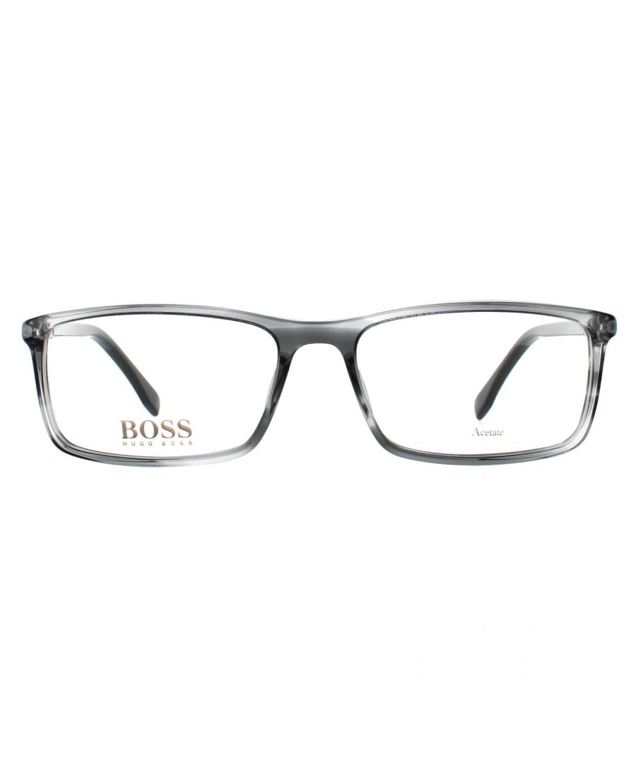 Hugo Boss Rectangular Mens Grey Horn 90031100 Hugo Boss are a sleek semi-rimless style for men with Hugo Boss branding on each temple. Made in Italy from high quality materials, they're super lightweight and comfortable for all day wear.