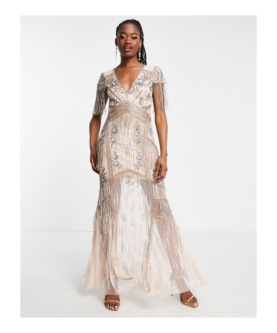 Maxi dress by Miss Selfridge A round of applause for the dress All-over embellishment Plunge neck Short sleeves Button-keyhole back Regular fit  Sold By: Asos