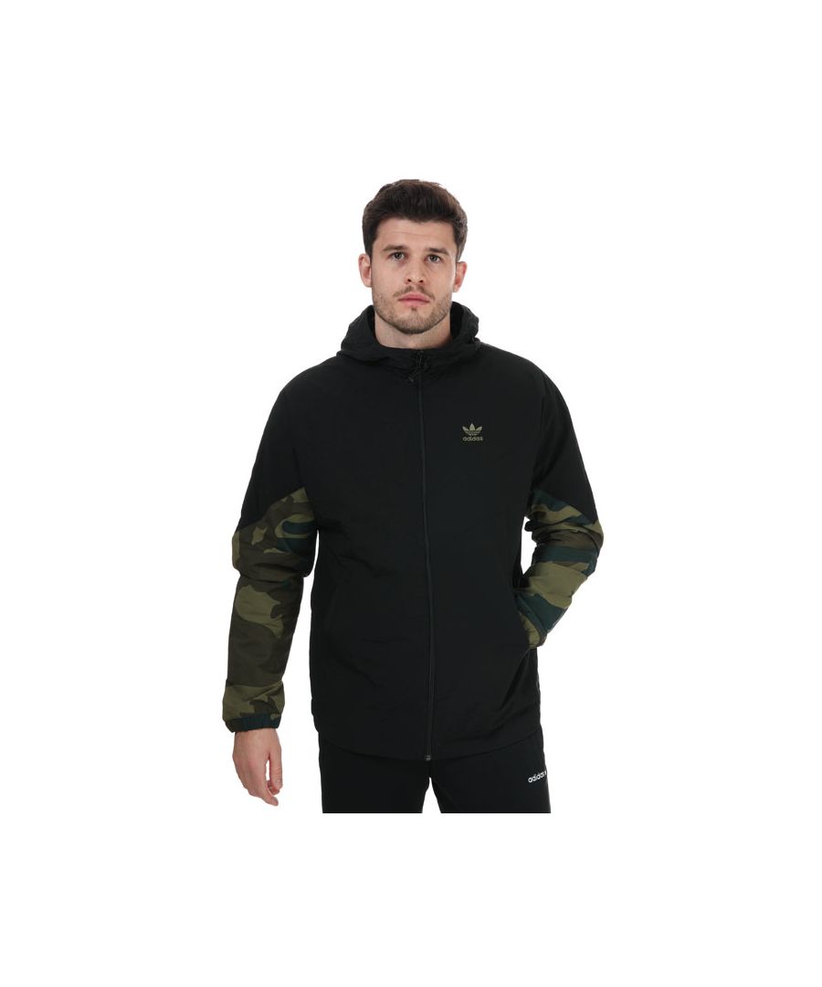 Mens adidas Originals Camouflage Windbreaker Jacket in black.- Bungee-adjustable hood.- Full zip with high collar.- Long sleeves.- Mesh-lined windbreaker.- Camouflage print on the sleeves.- Regular fit.- Body: 100% Nylon. Sleeve: 100% Nylon. Lining: 100% Polyester.  Machine washable.- Ref: FM3359
