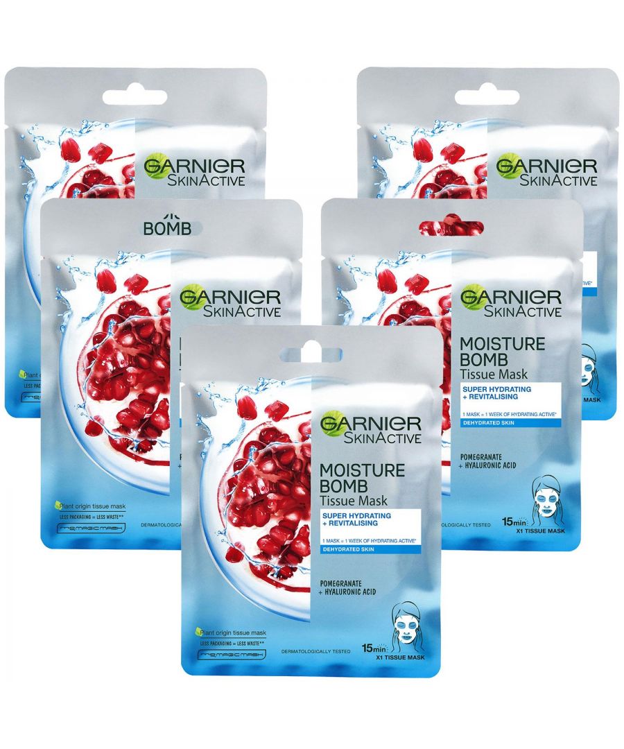 Garnier Moisture Bomb Pomegranate super hydrating revitalising sheet masks for dehydrated skin. Plump skin with moisture, reduce the look of fine lines and revive radiance for skin that glows. Enriched with natural plant extracts & hyaluronic acid. With a vegan formula, these face tissue masks are created with ultra-thin tissue & infused with 1 weeks worth of hydrating serum.\n\nIs Garnier Moisture Bomb Tissue Mask right for me?\nYes if your skin is dehydrated, shows the effects of time and your lifestyle; dullness, irregularities, fine lines, dark circles & tired skin, and you are looking for an effective solution to rehydrate and revitalise the radiance of your skin.\n\nGarnier Moisture Bomb Pomegranate Sheet Mask - a super hydrating revitalising face mask for dehydrated & tired skin, The No1 Sheet Mask brand to intensely rehydrate skin, reduce the look of fine lines, tired & dull skin, and revive radiance for glowing skin, Enriched with natural extracts & plant serums; Pomegranate, Lavender, Green Tea, Sakura, Chamomile, each mask is also infused with Hyaluronic Acid, Unmask smoother, bouncier, healthier-looking skin that glows in just 15 minutes, These vegan formulae face masks are created with ultra-thin tissue & infused with a week's worth of hydrating serum, Suitable for all skin types, even sensitive.\n\nBox Contains: Garnier Moisture Bomb Pomegranate Hydrating Face Sheet Mask 5x 32g