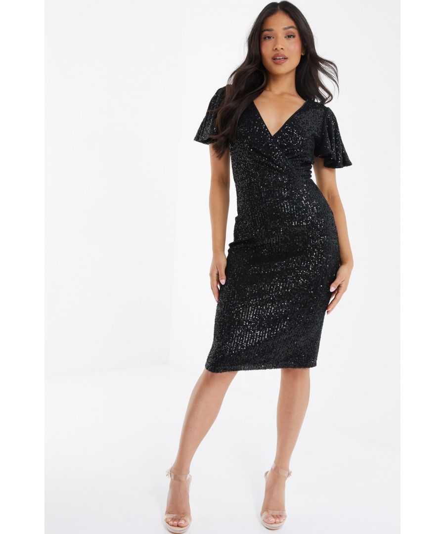 Green Sequin Ruched Midi Dress