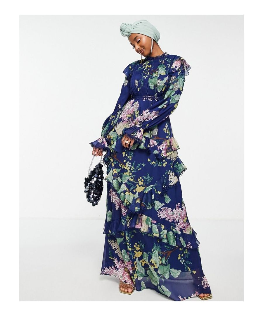 Dress by ASOS DESIGN This dress is everything All-over print High neck Long sleeves Ruffle and crochet-lace trims Regular fit  Sold By: Asos