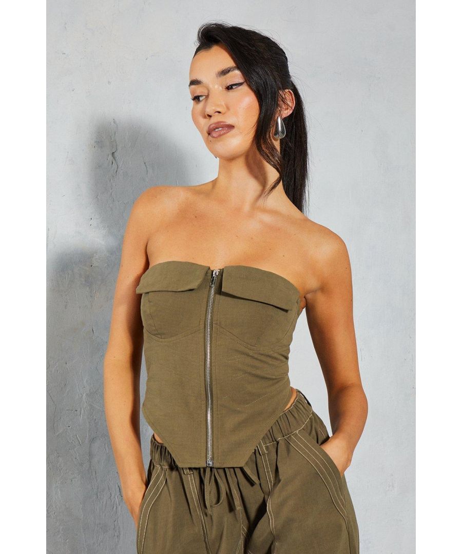 Misspap Womens Textured Zip Front Corset Top - Khaki Cotton - Size 16 Uk