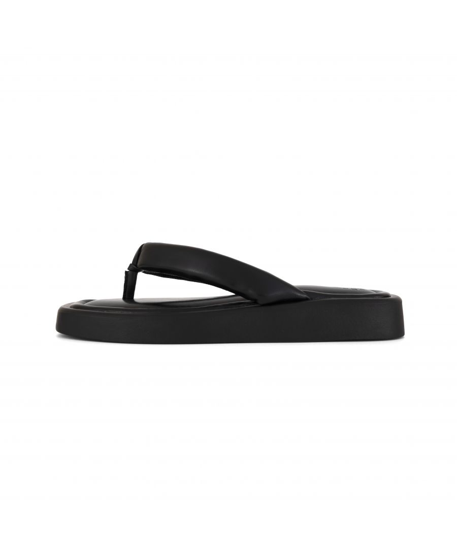 South Beach. Temperature rising? Keep your cool in these black chunky flip flops.\n\n- Leather-look finish\n- Toe-post design\n- Open toe\n- Slip-on design\n- Chunky sole