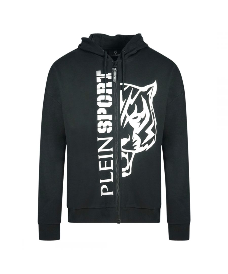Plein Sport groot wit logo zwarte hoodie met rits. Philipp Plein sport zwarte hoodie. 52% katoen, 48% polyester. Grote Plein-branding aan de zijkant. Normale pasvorm, valt normaal qua maat. Stijlcode: FIPSZ1327 98