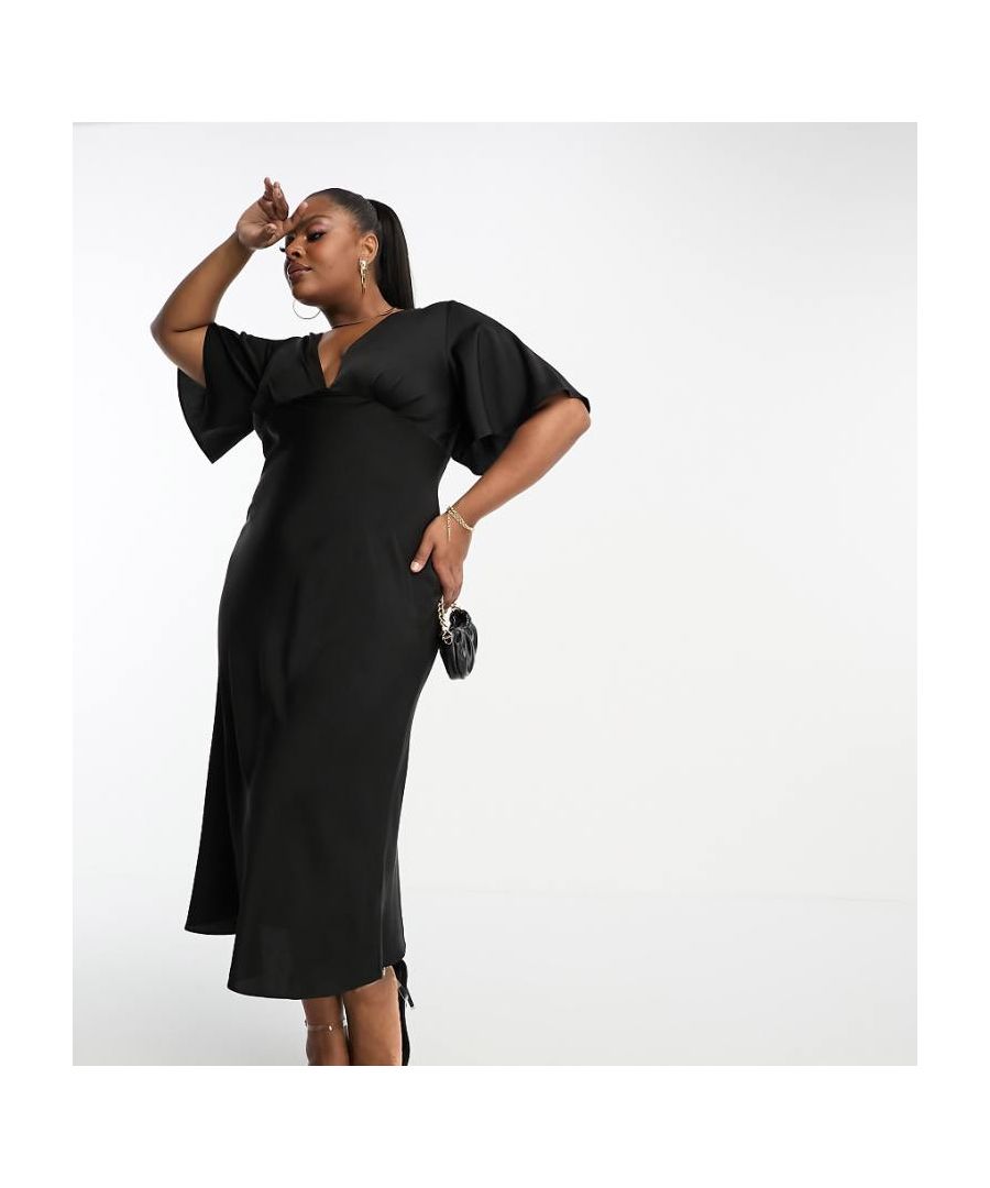 Asos Curve Womens Design Exclusive Satin Flutter Sleeve Midi Dress In Black - Size 16 Uk