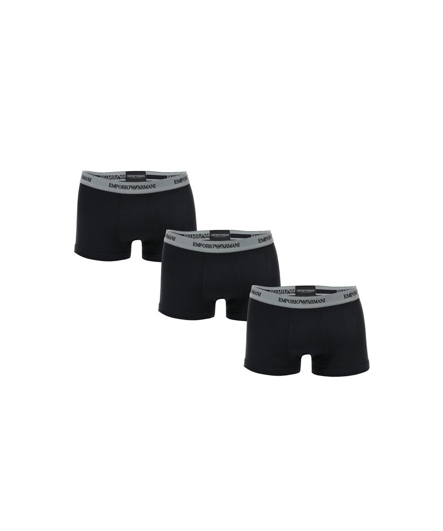 Mens Emporio Armani 3 Pack Boxer Shorts in Black.- Elasticated waistband in contrast to body.- All 3 pairs black with grey waistband.- A fronted.- Branding to waistband.- Stretch cotton comfort fabric.- 95% Cotton  5% Elastane.  Machine washable.- Ref: 111357 CC717 00120Waist:XS = 27-29inS = 30-32inM = 32-34inL = 34-36inXL = 37-39in2XL= 39-41inWe regret that underwear is non-returnable due to hygiene reasons.