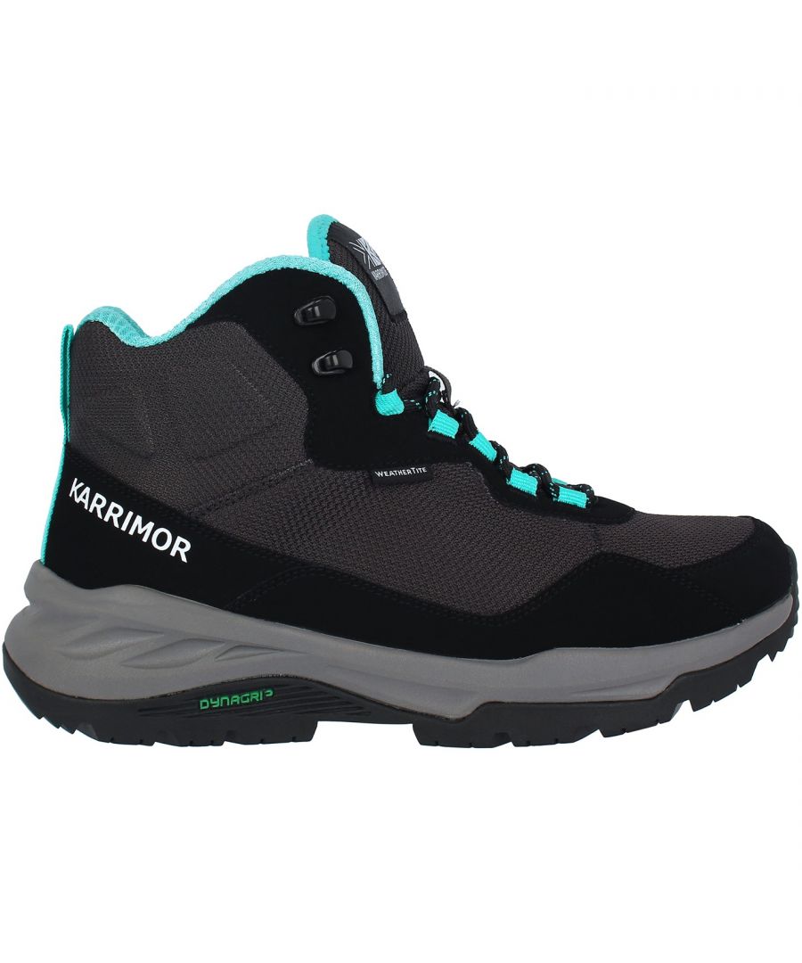 Karrimor Verdi Mid Walking Boots Ladies - These Karrimor Verdi Mid Walking Boots are engineered for all weather performance. Whilst utilising a mid cut ankle collar and a breathable mesh upper, they are built with a C-EVA Cushioning midsole, a Dynagrip outsole and Weathertite protection which all help to keep your feet comfortable, protected and dry. Whilst a multi colourway decorates the boots, they are completed with the Karrimor branding for instant high-tech recognition