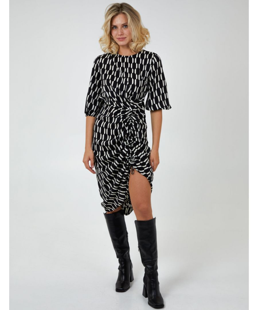 Black and White dresses are both timeless and classic. This is why you will not go wrong with the Mono Geo Print Ruched Hem Dress. With elegant elements such as half sleeves, a mid length and a ruched front, this dress will make your 