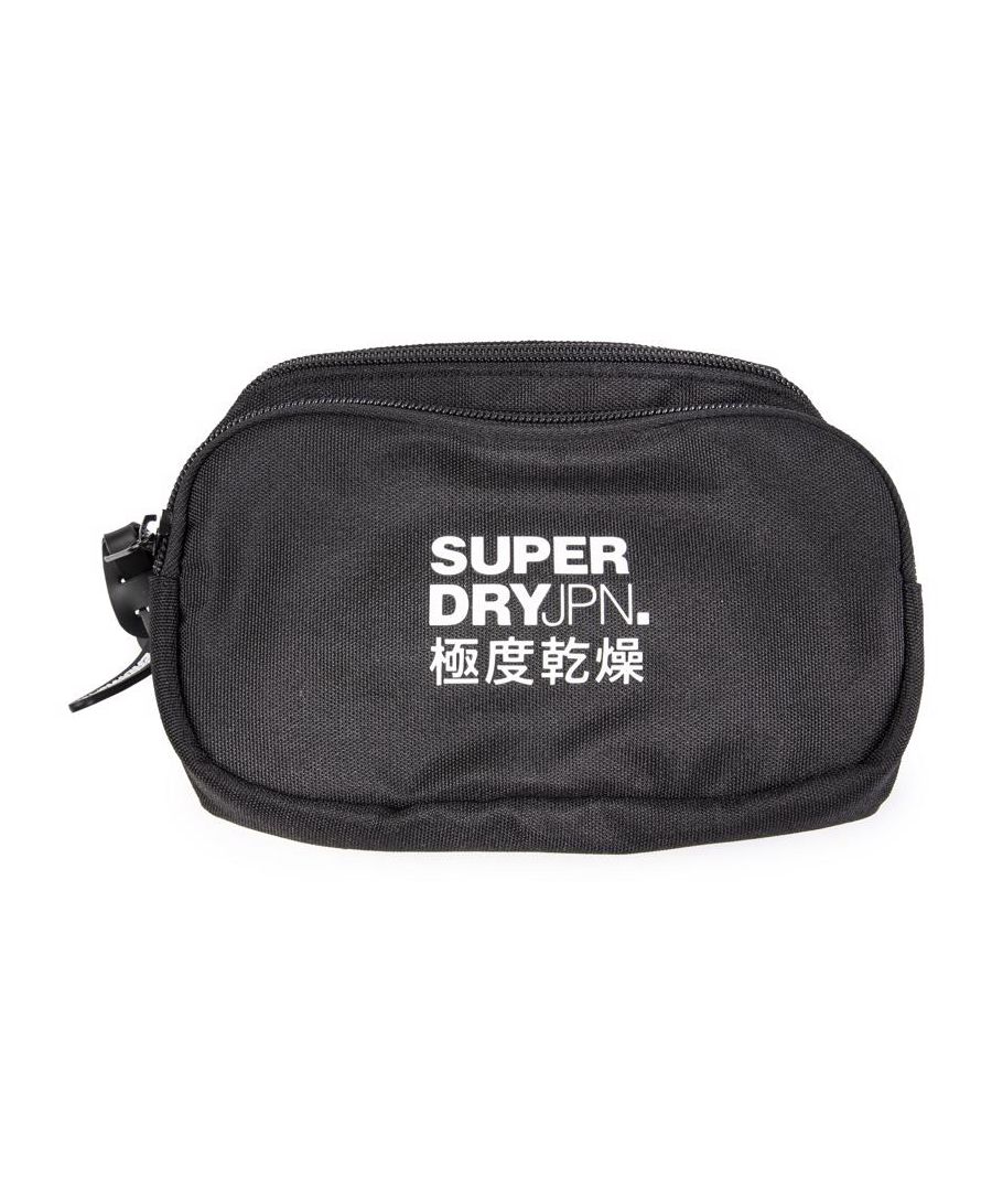 Mens black Superdry small logo waist bag, manufactured with polyester. Featuring: twin zip closures, rubber zip pulls, adjustable waist strap and height 13cm x width 20cm x depth 5cm.