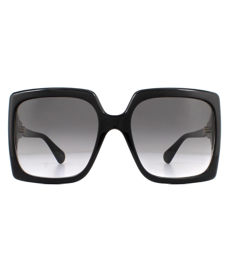 Gucci Sunglasses GG0876S 001 Black Grey Gradient are a large oversized style with a square shape featuring the interlocking GG Gucci logo on the hinges for that authentic Gucci look.