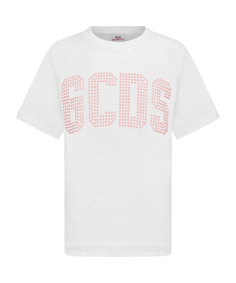 Short sleeve top in a white hue with a round neckline, peach studded GCDS logo design on the front.