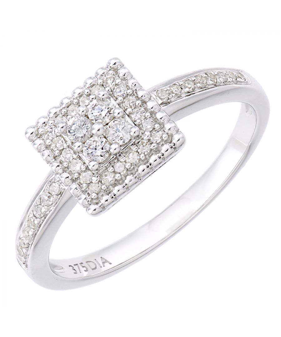 Diamant L'Eternel Womens 9ct White Gold Square Shape Cluster 0.24ct Diamond Ring - Size K
