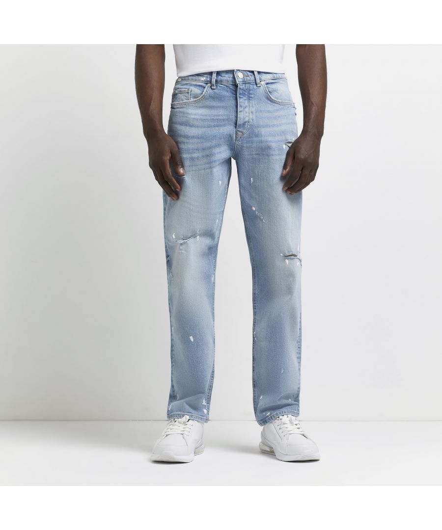 > Brand: River Island> Department: Men> Material: Cotton Blend> Material Composition: 99% Cotton 1% Elastane> Type: Jeans> Style: Straight> Size Type: Regular> Fit: Regular> Occasion: Casual> Season: SS22> Pattern: No Pattern> Closure: Button> Distressed: Yes> Fabric Wash: Light