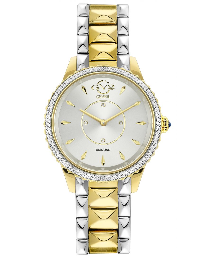 SpecificationThe stunning 38 mm ladies GV2 Siena watch possesses a timeless beauty that will always be in style. This classically proportioned two-hand configuration features elegant pencil hands, raised metallic bar indices, and 4 diamonds in the center of the dial.\nA glittering diamond cut bezel surrounds the tastefully minimal dial and an onion shaped fluted crown capped with a precious blue cabochon completes the inspired design. This spectacular timepiece is available in exclusive stainless steel, IP rose gold, and IP yellow gold editions, with production limited to 500 pieces each. Each timepiece has been fitted with a matching stainless steel link bracelet.s  GV2 11701-929L Women's Siena Genuine Diamond Watch   GV2 Women's Swiss Watch from the Siena Collection  38mm Round Rose Gold case with push pull fluted crown  White MOP dial with 4 Single Cut Diamonds  Genuine Calfskin Rose Gold Leather Strap with Tang Buckle  Anti-reflective Sapphire Crystal  Water Resistant to 30 Meters/3ATM  Swiss Quartz Movement Ronda 762GV2 11704-425 Women's Siens Genuine Diamond Watch\n\nGV2 Women's Swiss Watch from the Siena Collection\n38mm Round Gold case with push pull fluted crown\nSilver dial with 4 Single Cut Diamonds\nIP Two Toned SS IP Yellow Gold Bracelet with Deployment Buckle\nAnti-reflective Sapphire Crystal\nWater Resistant to 30 Meters/3ATM\nSwiss Quartz Movement Ronda 762