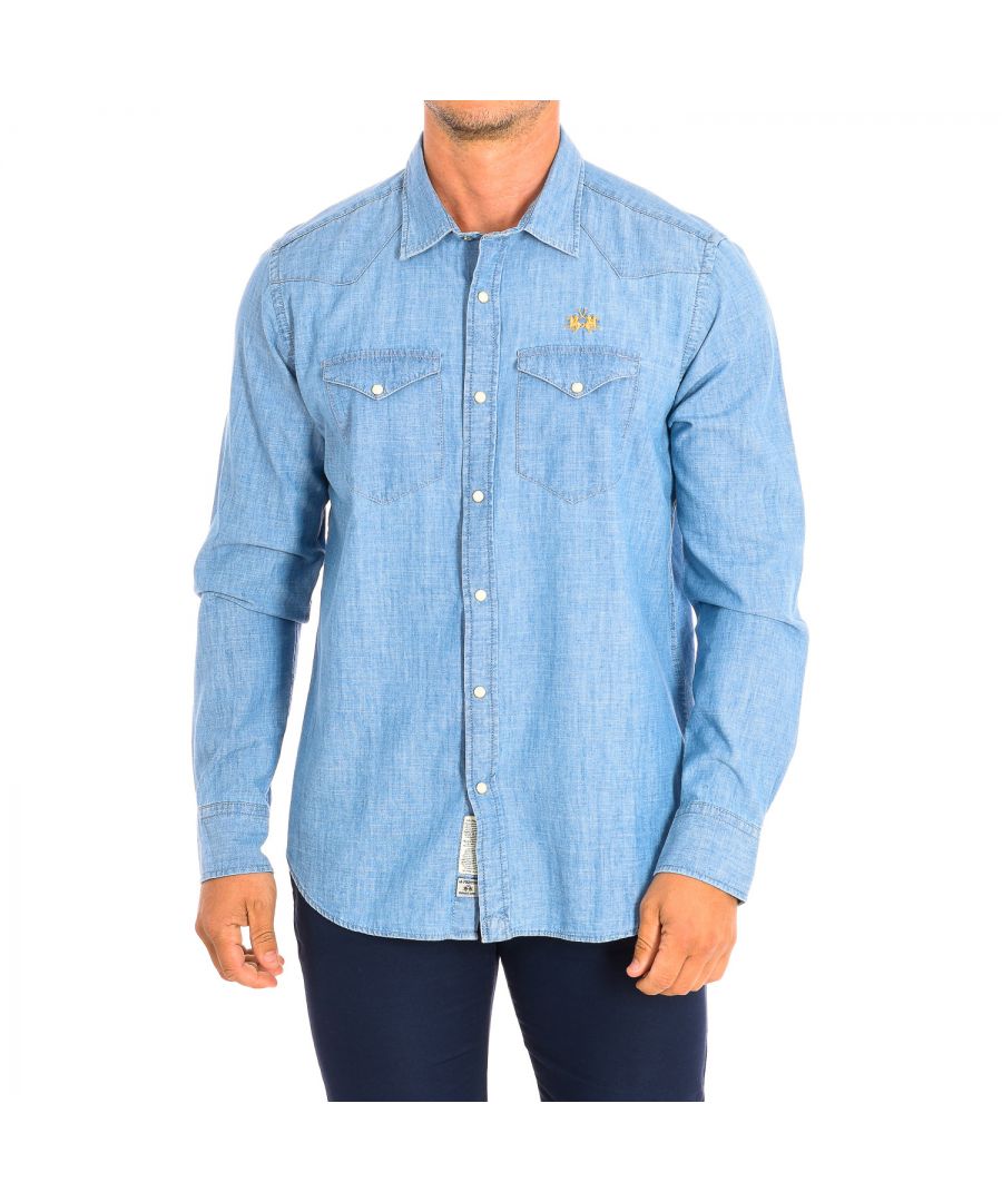 La Martina Mens Long Sleeve Shirt TMC003-DM091 - Blue Cotton - Size Small