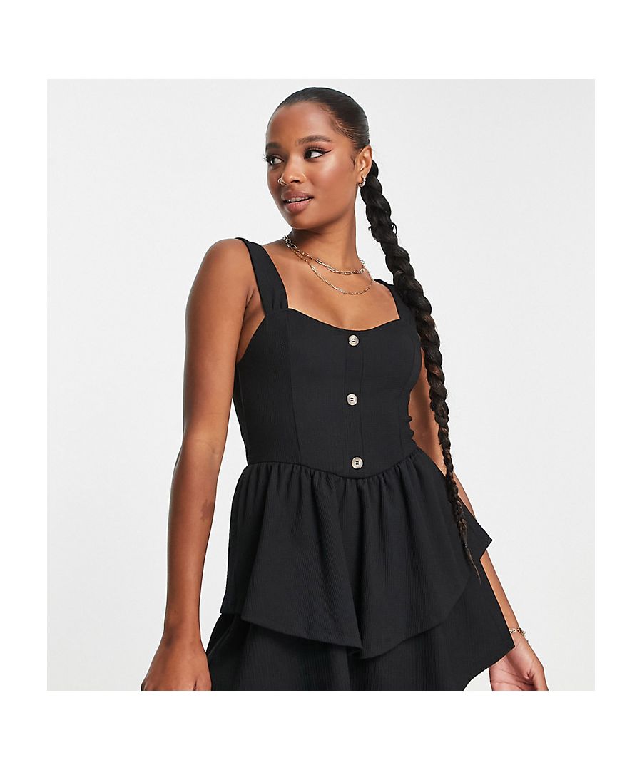Petite by ASOS Petite This dress + you = perfect match Scoop neck Button details Tiered skirt Slim fit Sold by Asos