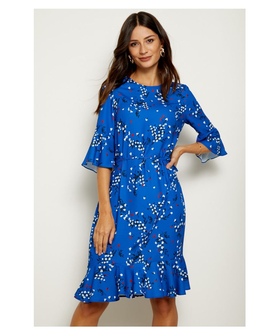 REASONS TO BUY:\n\nTime for a floral refresh\nFlatteringly skims your body\nTie belt nips in your waist\nDouble ruffles, double style points\nWear it with courts for an autumn wedding\nTry it with ankle boots and a biker on weekends