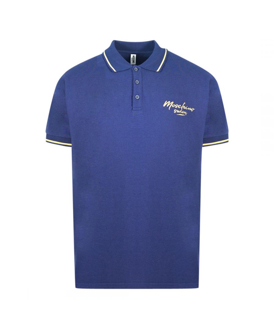 Moschino Tipped Collar Blue Polo Shirt. Moschino Tipped Collar Blue Polo Shirt. Branded Logo On The Left Chest. Regular Fit, Fits True To Size. 100% Cotton. Product Code - 3A13042330 0290